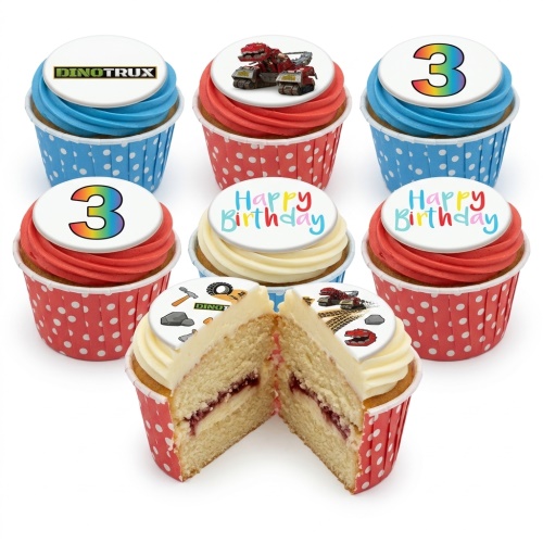 Dinotrux themed cupcakes with red and blue frosting, featuring Dinotrux characters, logo, and a custom age topper.