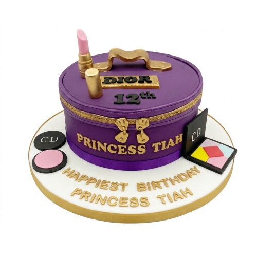Purple round cake shaped like a Dior makeup case with gold accents, lipstick, and eyeshadow palette.
