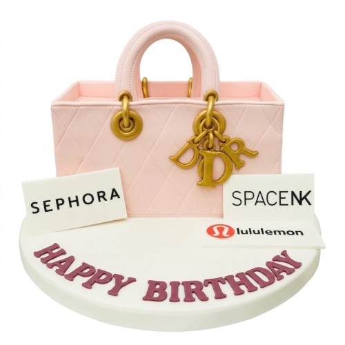 Pink quilted designer handbag cake with gold hardware and brand plaques for Sephora, SpaceNK, and Lululemon, on a white board with 'Happy Birthday' text.