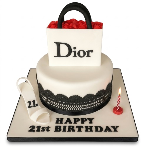 White Dior shopping bag birthday cake with red roses and a white high heel shoe.