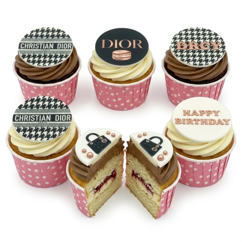 Dior inspired birthday cupcakes with black and white houndstooth, Dior logo, and handbag toppers, some with "Happy Birthday" text.