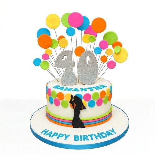 White round birthday cake with colourful polka dots, dancing woman silhouette, and custom age topper.