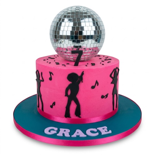 Pink disco themed birthday cake with a silver disco ball topper, dancing silhouettes, musical notes, and a custom age topper.