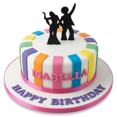 Round white birthday cake with dancing disco silhouettes, colourful stripes, and personalised message.