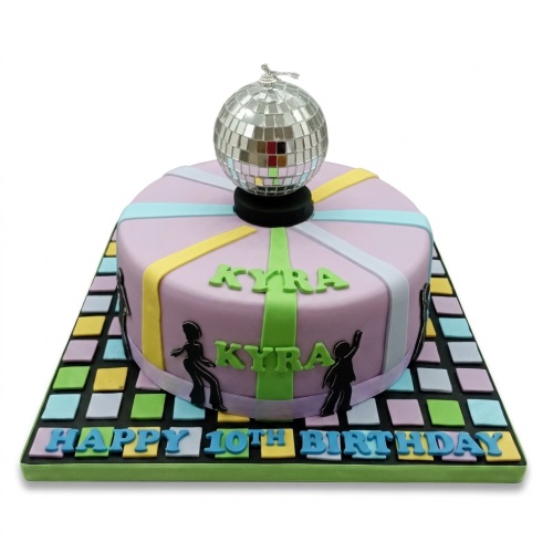 Round disco themed birthday cake with a silver disco ball, dancing figures, and a custom age message.