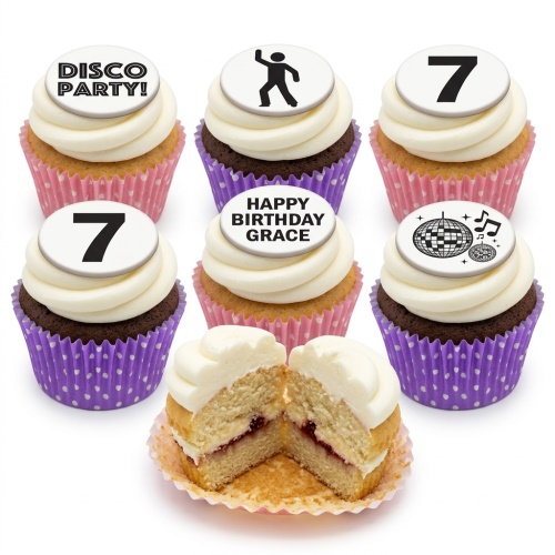 Disco party cupcakes with white frosting, disco ball, dancing figure, and custom age toppers on vanilla and chocolate sponges.