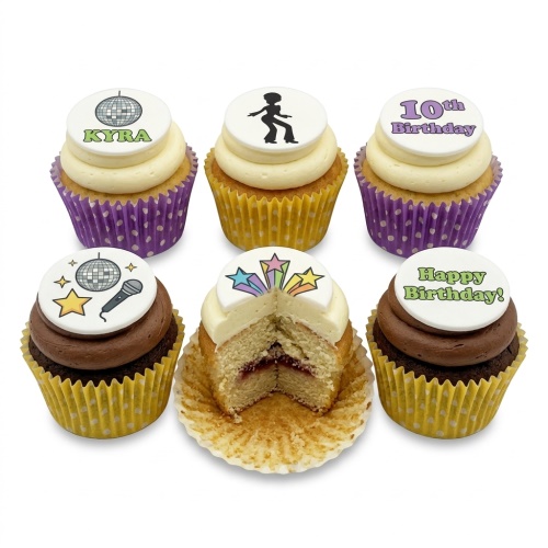 Six disco-themed birthday cupcakes with various toppers including a disco ball, dancing silhouette, microphone, stars, and custom messages.