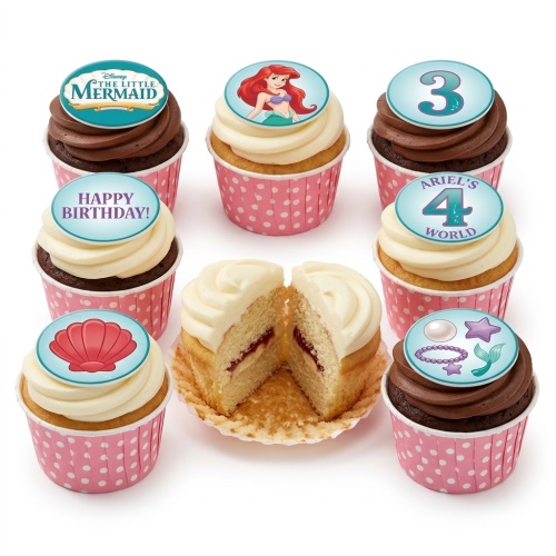 Ariel The Little Mermaid themed birthday cupcakes with character, logo, seashell, and custom age toppers.