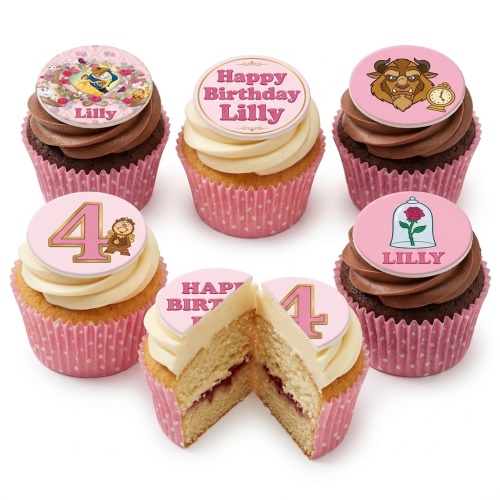 Beauty and the Beast themed cupcakes with Belle, Beast, enchanted rose, and custom age topper.