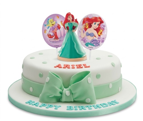 Round white and mint green Ariel Mermaid birthday cake with Ariel figurine and character toppers.