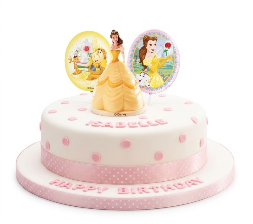 White Belle Disney Princess birthday cake with pink polka dots, Belle figure, and themed toppers.