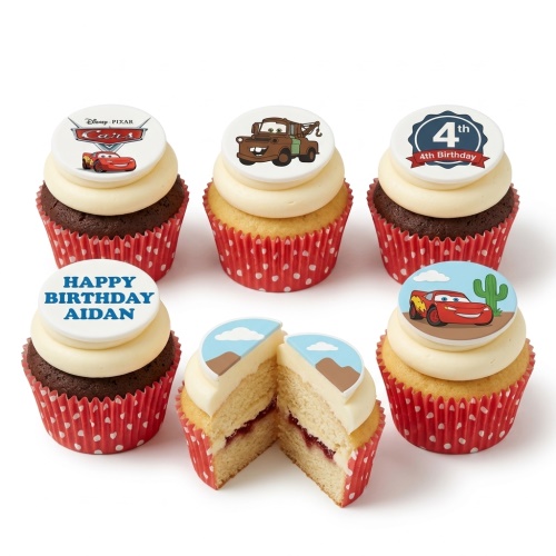 Disney Pixar Cars themed cupcakes with Lightning McQueen, Mater, and a desert scene. Some cupcakes have custom age and name toppers.