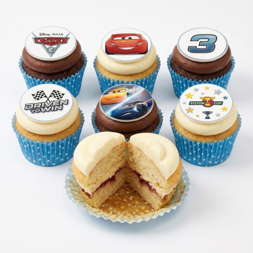 Disney Pixar Cars themed cupcakes with Lightning McQueen, Piston Cup, and racing flag toppers.