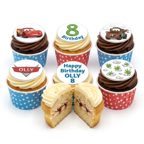 Disney Cars themed cupcakes with Lightning McQueen and Mater toppers, custom age and name options, and a cupcake cut in half showing jam filling.