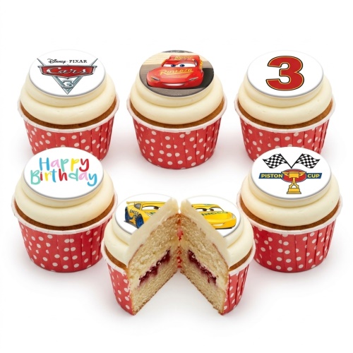 Disney Cars themed cupcakes with Lightning McQueen, Jackson Storm, Cars 3 logo, Piston Cup, and 'Happy Birthday' toppers.