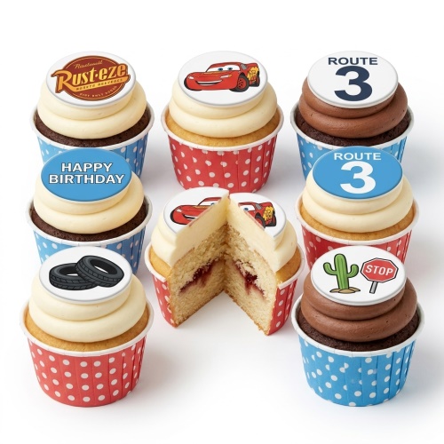 Lightning McQueen and Cars themed birthday cupcakes with racing, road sign, and 'Happy Birthday' toppers.