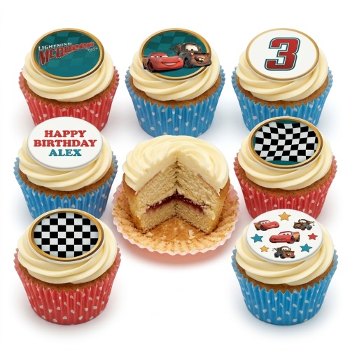 Lightning McQueen and Mater Disney Cars themed cupcakes with racing flags and custom age topper.