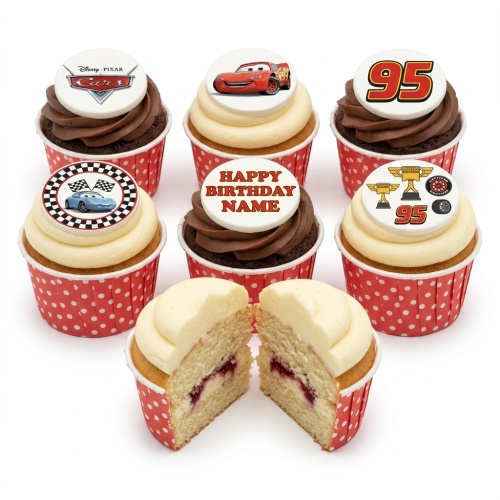 Disney Pixar Cars themed cupcakes with Lightning McQueen, checkered flags, trophies, and a personalised 'Happy Birthday' message.