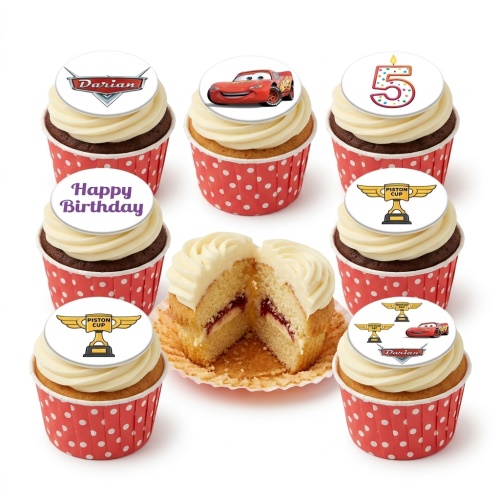 Disney Cars themed cupcakes with Lightning McQueen, Piston Cup, and custom age topper.
