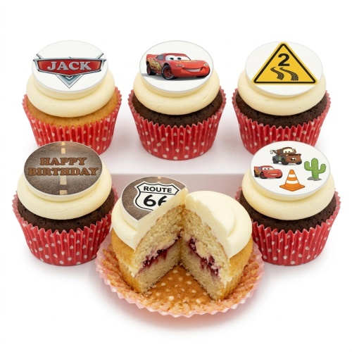 Assortment of Cars theme cupcakes with Lightning McQueen, Mater, Route 66, and road signs