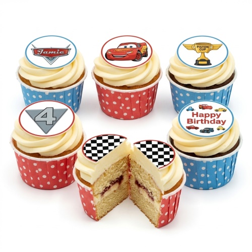 A selection of Disney Cars themed cupcakes with various toppers including Lightning McQueen, Piston Cup, a racing flag, and a custom age number.