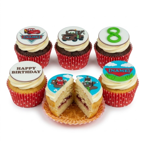 Disney Cars themed cupcakes with Lightning McQueen and Mater toppers, custom age topper and 'Happy Birthday' message.