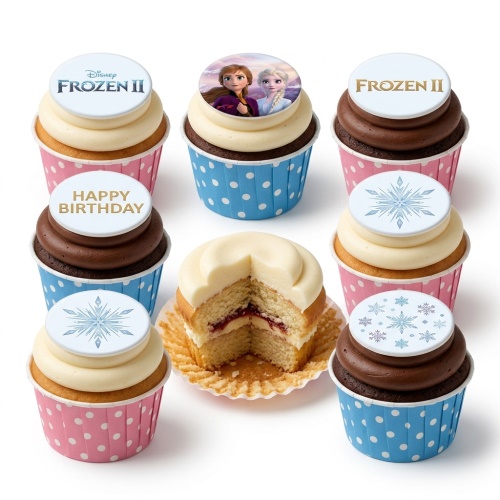 Disney Frozen II cupcakes with Anna, Elsa, logo, and snowflake toppers in pink and blue cases.
