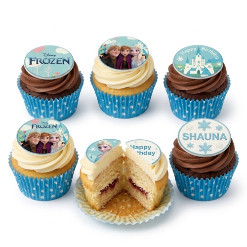 Set of six Disney Frozen themed cupcakes with character, castle, and snowflake toppers, some with vanilla and some with chocolate frosting.