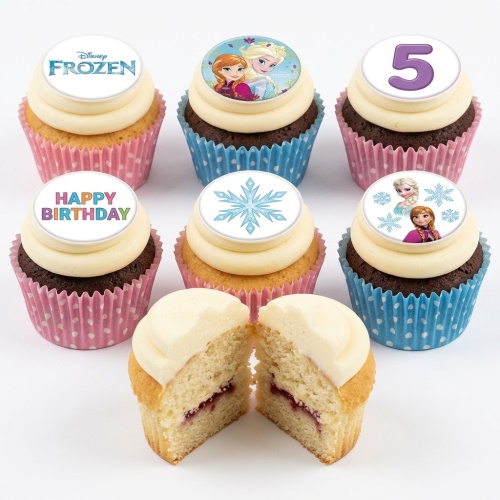 Disney Frozen cupcakes with Elsa, Anna, snowflake, and custom age toppers on vanilla and chocolate sponges.