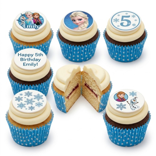 Frozen themed cupcakes with Elsa, Anna, and Olaf edible toppers, featuring snowflakes and a custom age option.
