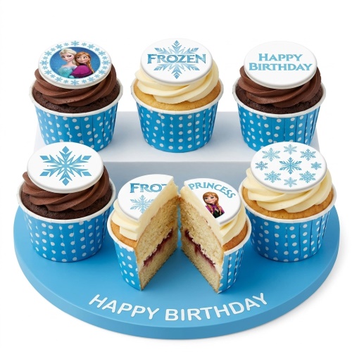 Six Frozen themed cupcakes with Elsa, Anna, "FROZEN" logo, and snowflake toppers on a blue stand with "HAPPY BIRTHDAY".