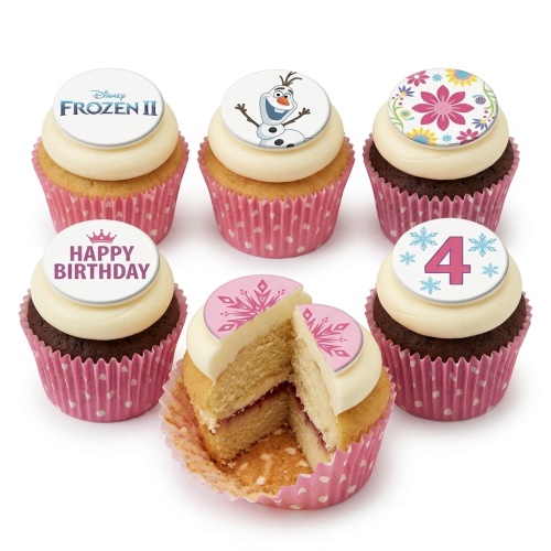 Disney Frozen II themed cupcakes with Olaf, snowflakes, and custom age topper.
