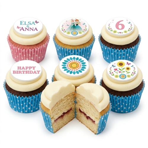 Set of Disney Frozen and floral themed birthday cupcakes with white frosting, blue and pink cases, and edible toppers including Elsa, Anna, and a custom age number.