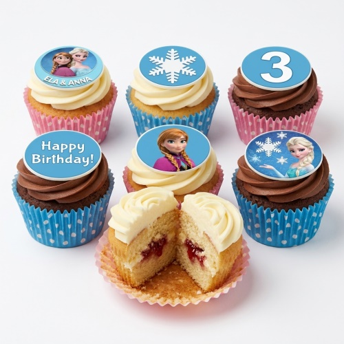 Set of six Disney Frozen themed cupcakes with Elsa, Anna, snowflakes, a custom age '3' topper, and 'Happy Birthday!' message. Some are vanilla with jam filling, some chocolate.