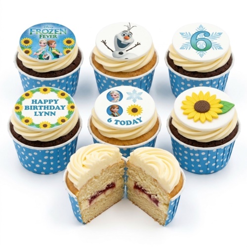 Disney Frozen Fever cupcakes with Elsa, Anna, Olaf, sunflowers, snowflakes, and a custom age topper.