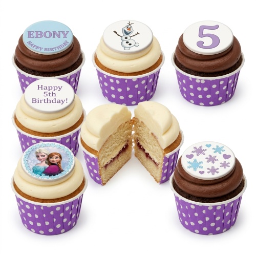 Frozen themed cupcakes with Elsa, Anna, Olaf, snowflakes, and custom age/name toppers in purple wrappers.
