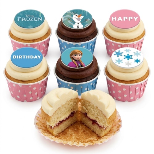 Disney Frozen themed cupcakes with Anna, Olaf, logo, and snowflake toppers in pink and blue polka dot wrappers.