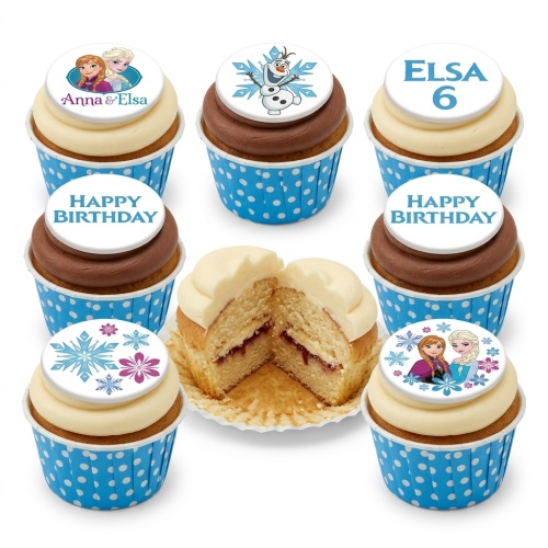 Disney Frozen themed cupcakes with Anna, Elsa, Olaf, and snowflake toppers in blue wrappers.
