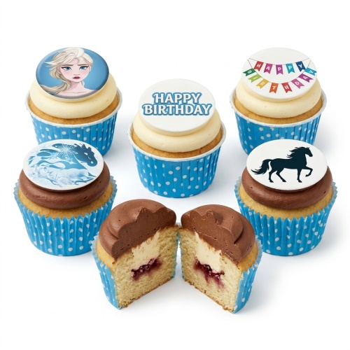 Frozen themed birthday cupcakes with Elsa, water spirit horse, and Happy Birthday toppers in blue wrappers.