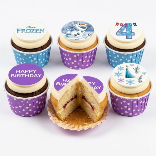 Disney Frozen cupcakes with Elsa, Olaf, and snowflakes, featuring a custom age topper and Happy Birthday message.