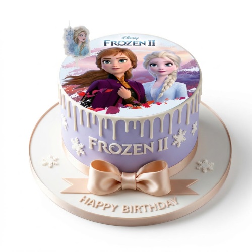 Round lavender Disney Frozen 2 birthday cake with Elsa and Anna edible image, white drip icing, snowflakes, and a rose gold bow.