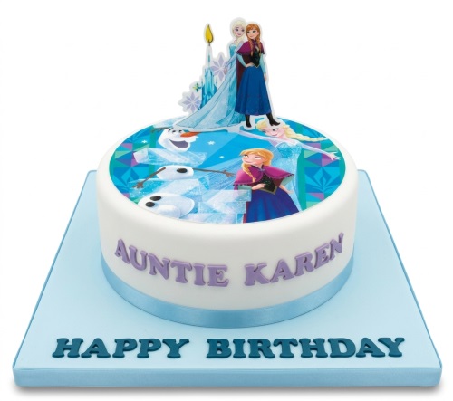 Round white Frozen birthday cake with Elsa, Anna, Olaf edible image and stand-up toppers.