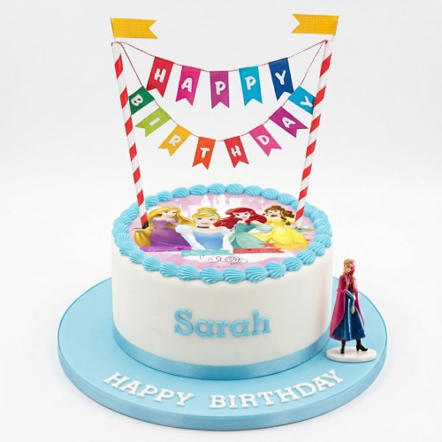 White round cake with Disney Princess edible image, blue icing, 'Happy Birthday' banner, and Anna figurine.