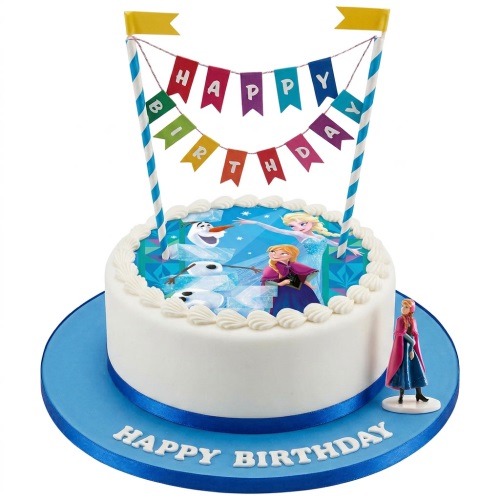 Round white Frozen birthday cake with Elsa, Anna, Olaf edible image and Happy Birthday banner.