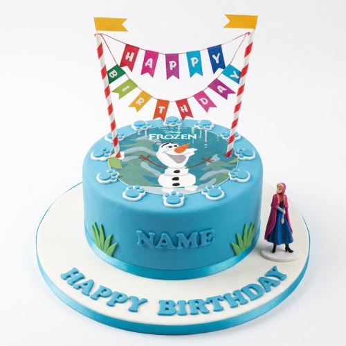 Round blue Frozen birthday cake with Olaf, Happy Birthday bunting, and Anna figurine.