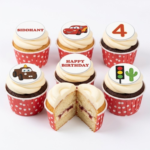 Cupcakes with Disney Cars characters, traffic light, cactus, and custom age and name toppers