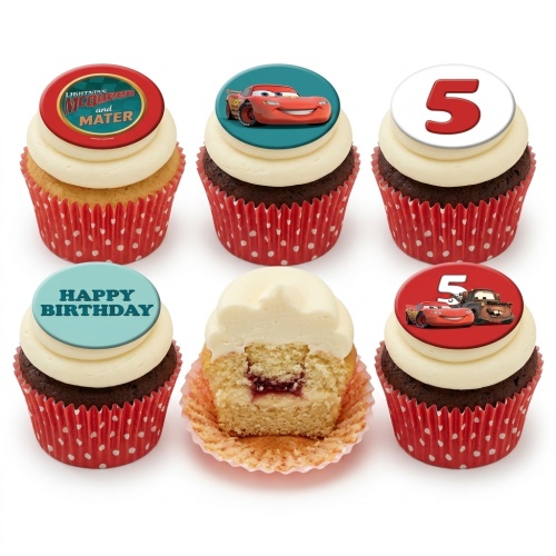 Disney Cars themed cupcakes with Lightning McQueen, Mater, 'Happy Birthday' and number 5 toppers