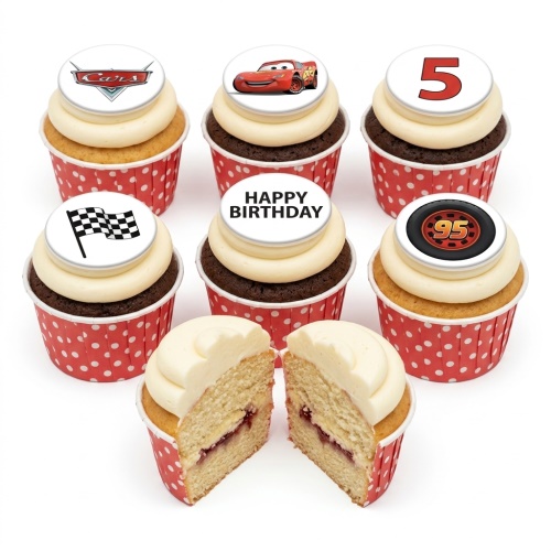 Disney Cars themed cupcakes with Lightning McQueen, Cars logo, racing flag, tire, and custom age topper.