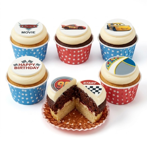 A selection of Disney Cars themed cupcakes with Lightning McQueen, Cars logo, and Happy Birthday toppers.