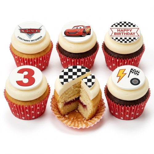Lightning McQueen and Cars logo cupcakes with checkered flags and custom age topper.